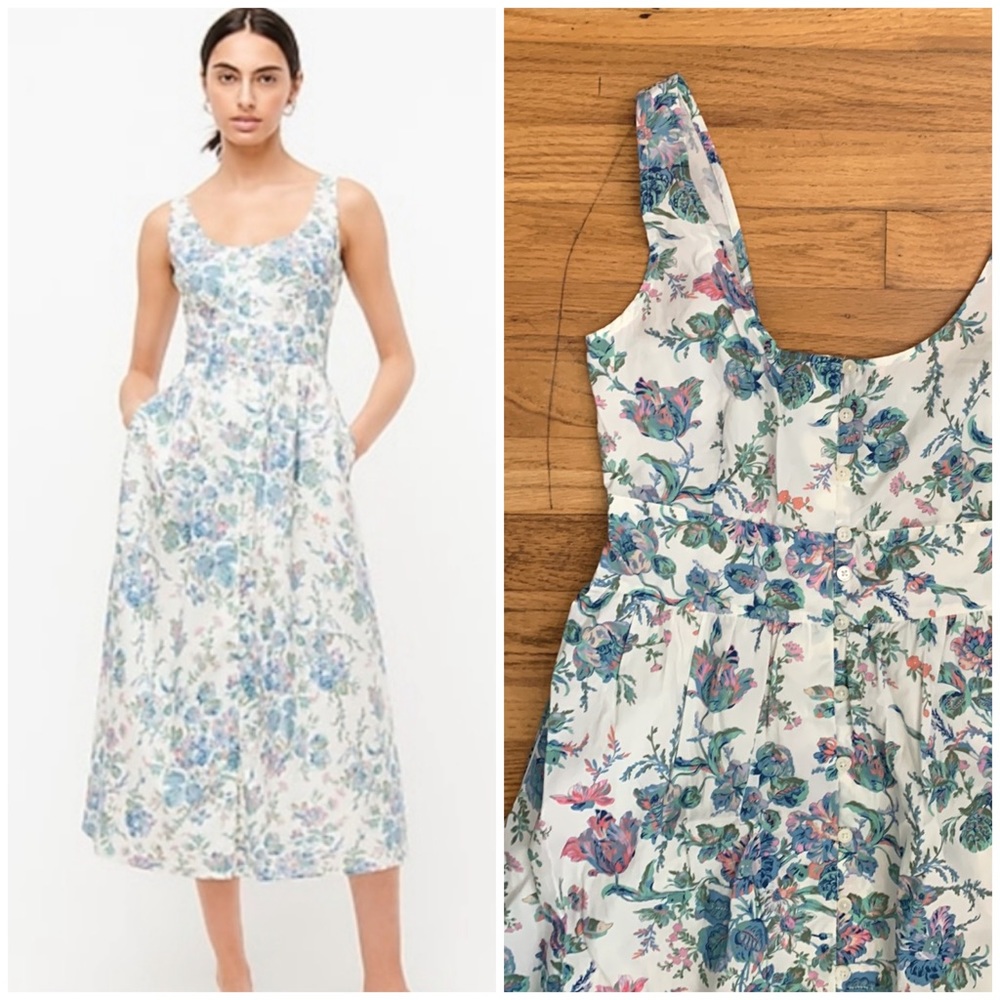 J. Crew White Floral Midi Dress with Blue and Green Print
